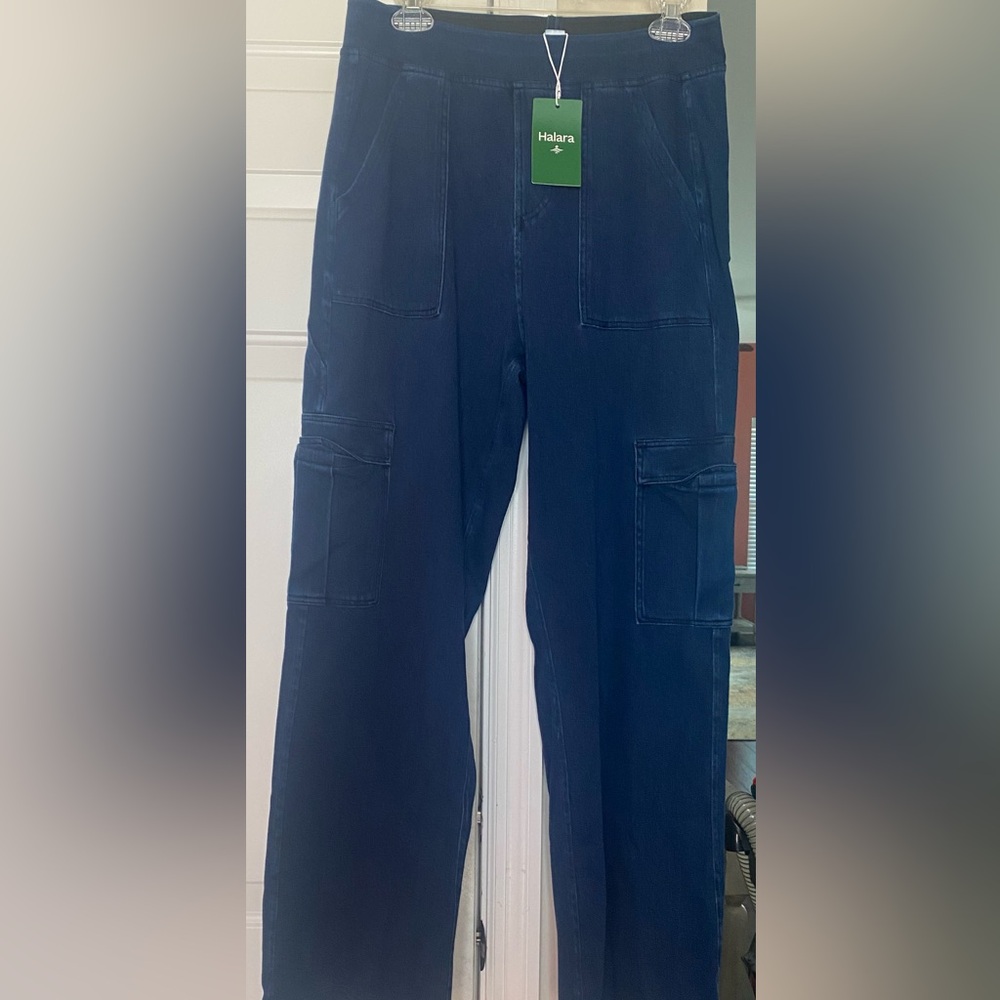 NEW Halara Flex Mid Rise Stretchy Knit Cargo Jeans Navy Denim Size Large Petite